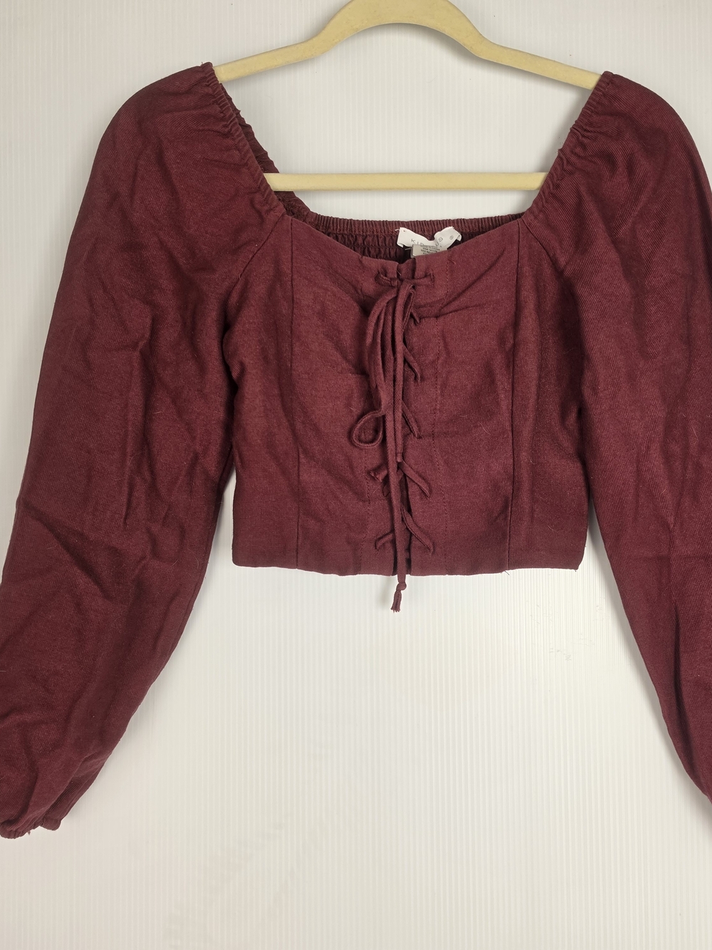 Kirious Burgundy Lace-Up Cropped Peasant Top